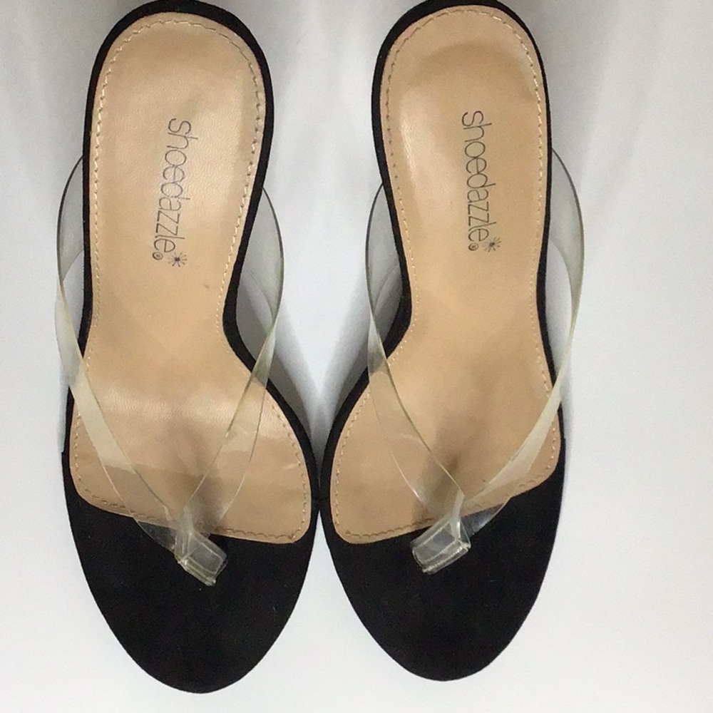 Clear toe strap platform, black, wedged sandals, size 9, clear wedge like new